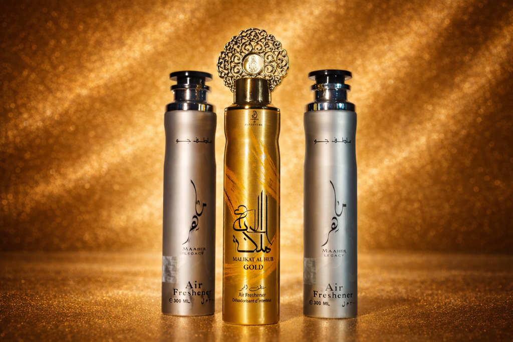 Désodorisant d’intérieur Premium – Maahir Legacy & Malikât Al Hub Gold (300 ml)